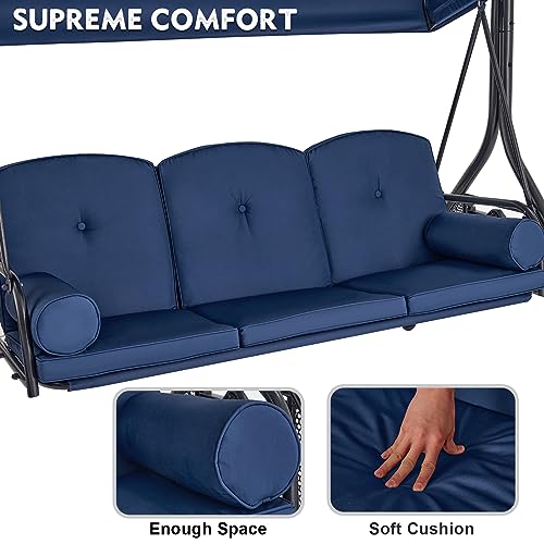 Image of HOMREST 3 Seat Outdoor Porch Swing with Adjustable Canopy, Convertible Patio Swing Bed with Stand, Patio Glider Swing with Upgraded Cup Holder, Thicken Cushions & Pillow for Backyard(Blue)