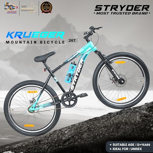 Image of Stryder 26T Krueger Mountain Cycle for Adults |Front Suspension | Dual Disc Brakes | Welded Steel Frame | Double Wall Alloy Rims | Unisex Bicycle (90% Assembled) (Teal::Green)