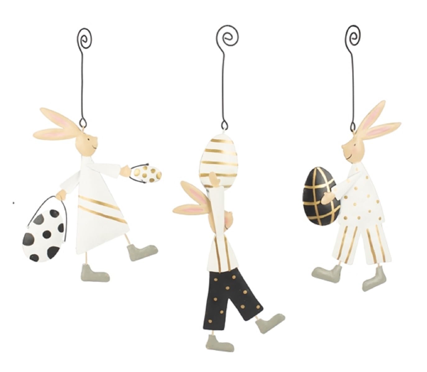 origineller und ausgefallener Anhänger Osterhase mit Osterei als beidseitig bemalte federleichte Metallfigur in 3 verschiedenen Ausführungen einzeln oder als 3-er Set (3-er Set Sortiert)