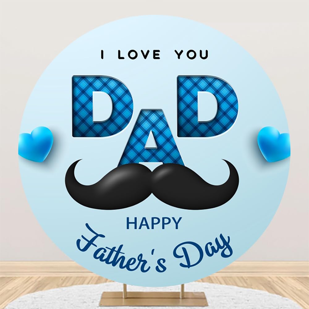 Canessioa Happy Father's Day Round Backdrop Cover I Love You Dad (No Stand) Moustache Hearts Blue Father's Day Party Decorations 7.2ft (220cm) Circle