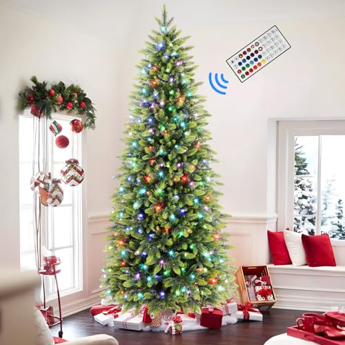 Alupssuc 6ft Prelit Artificial Hinged Pencil Christmas Tree with 300 Multi-Color Changing RGB Lights and 1600 PE & PVC Branch Tips, Remote Control 6 Feet Pre-Lit Slim Tree for Xmas Decoration, Green