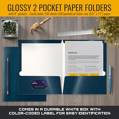 Image of Better Office Products 2 Pocket Glossy Laminated Navy Blue Paper Folders, Box of 25, Letter Size, Dark Blue Paper Portfolios 25 Pack