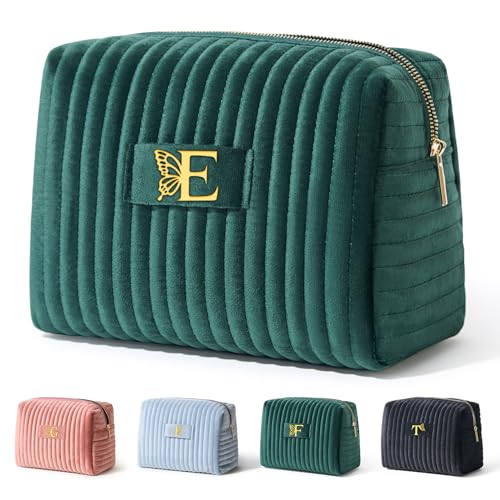 Image of COSHAYSOO Bridesmaid Proposal Engagement Gifts Bridal Shower Bachelorette Party Favors Makeup Bag Quilted Make Up Cosmetic Pouch for Bride to Be Maid of Honor Godmother Emerald Green Initial Letter E