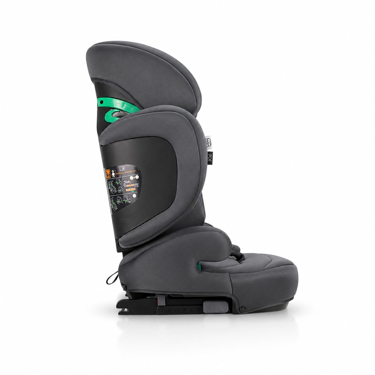 Silla de coche i-Size Isofix 100-150 cm, Homologada ECE R129, protección lateral y cervical, reposacabezas 21 cm, respaldo plegable, alas abatibles, Poe Fix Gris Asalvo