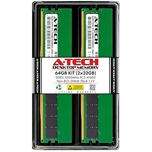 Image of A-Tech 64GB Kit (2x32GB) DDR5 5200MHz PC5-41600 CL42 UDIMM 2Rx8 Dual Rank 1.1V Non-ECC Unbuffered DIMM 288-Pin Desktop PC /Computer RAM Memory Upgrade Modules