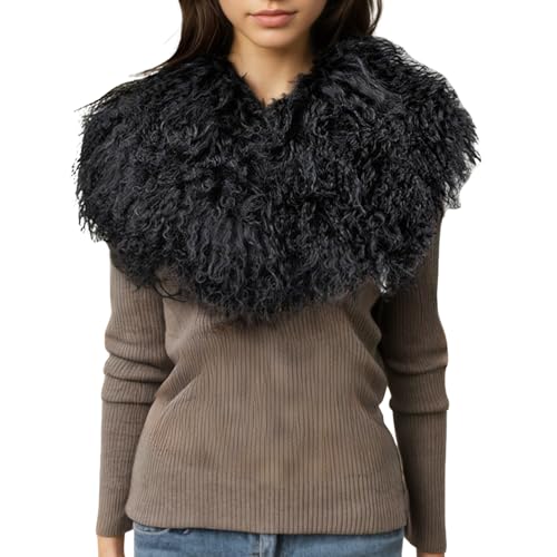 LVCOMEFF Women Real Mongolian Lamb Fur Scarf Neck Warmer Curly Shaggy Collar for Winter Large
