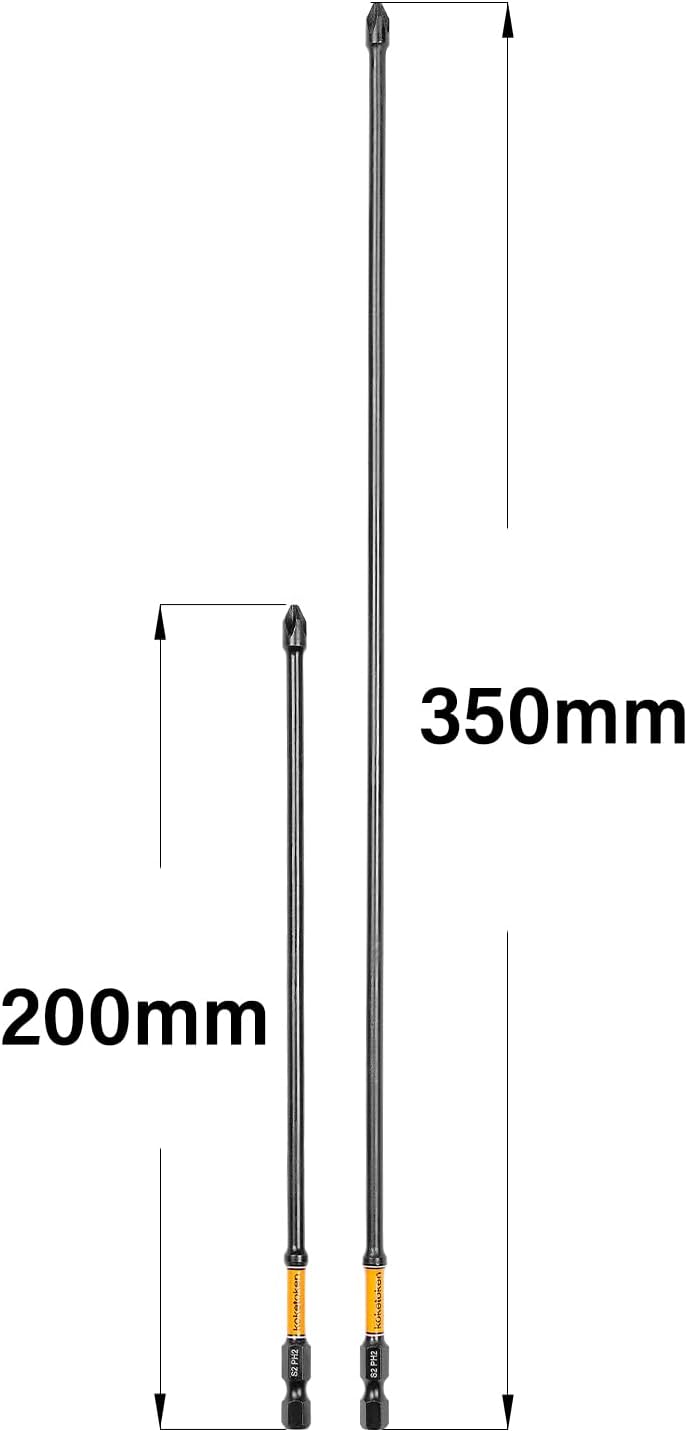 PH2 Phillips Screwdriver Bit PH2 1/4" Hex Shank 8-18" (200-450mm) Long Magnetic S2 Steel Industrial Grade Screw Driver Bit Cross Head Electric Drill Bits (2, 200&350)