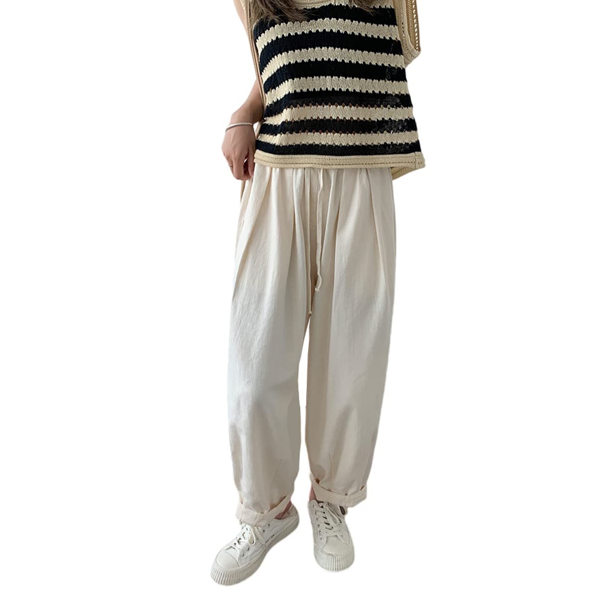 Harajuku Womens Pants Japanese Loose Casual Pants Womens high Waisted Wide Leg Cropped Pants