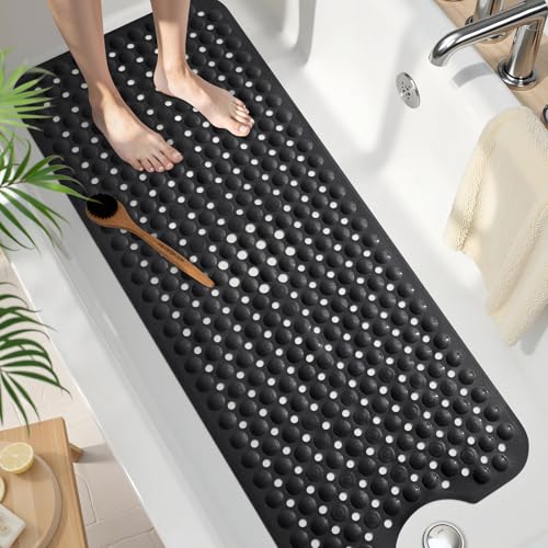 Image of Smiry Non Slip Bath Mat, 100x40cm Extra Long Soft Bathtub Mat with 300 Strong Suction Cups & Drain Holes, Machine Washable Skin-Safe Bathroom Shower Mat, Black