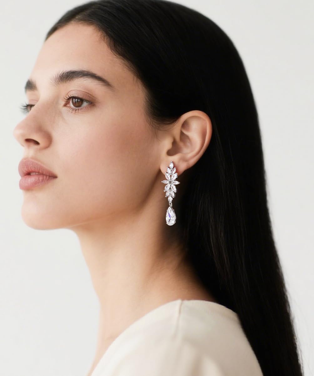 TIGRADE Teardrop Wedding Earrings for Brides Bridesmaids Flower Marquise Cubic Zirconia 925 Sterling Silver Post Drop Dangle Earrings for Women Prom - Image 5