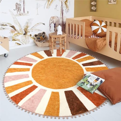 Image of LIVEBOX Round Washable Rugs 5.2ft Sun Circular Nursery Rug Girl for Kids Room, Colorful Circle Rugs Cute Girls Room Rug, Retro Non-Slip Cozy Round Rugs Soft Rainbow Classroom Play Room