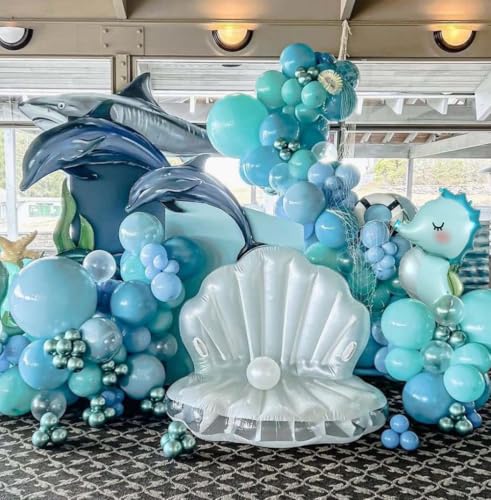 Image of Under the Sea Party Decorations, 154pcs Ocean Blue Balloon Garland Arch Kit, Blue Bubble Balloons with Dolphin Shark Hippocampus Foil Balloon for Ocean Birthday Party Supplies Shark Party Decor