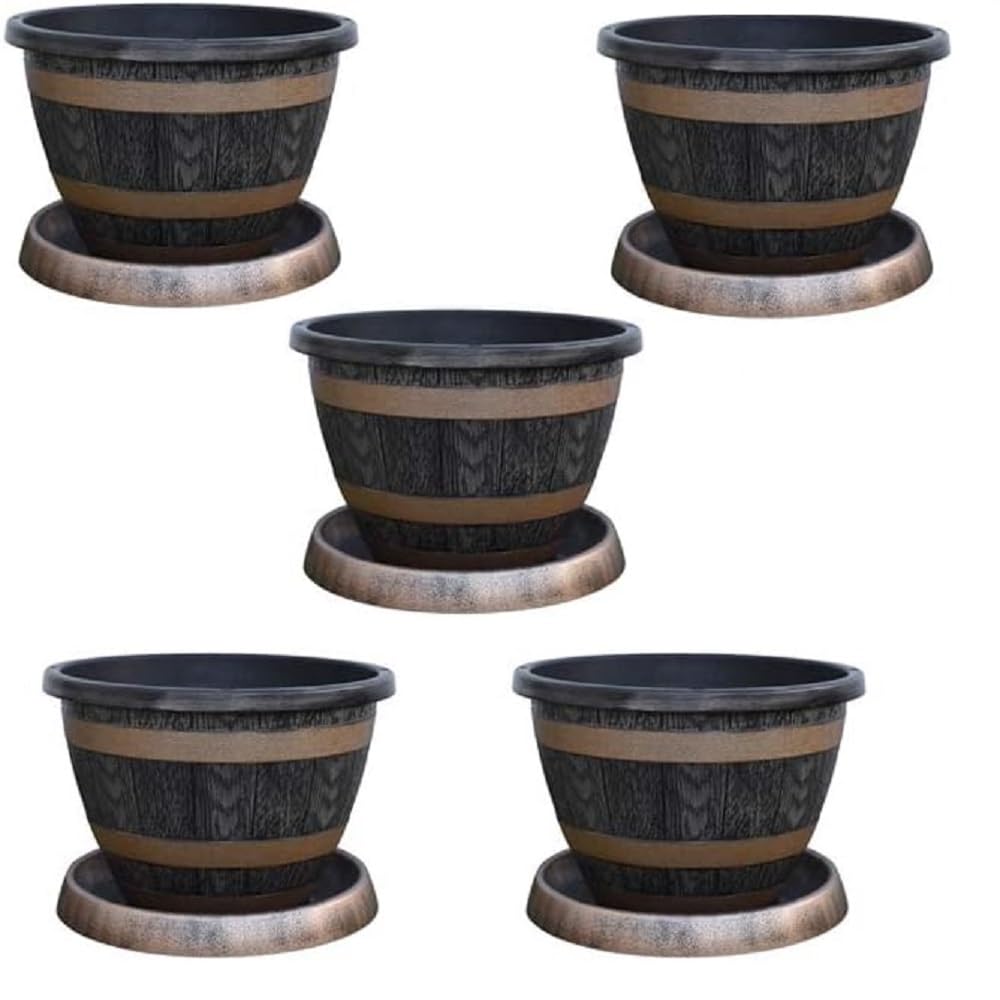 Patio pot with saucer for Plants Wooden Barrel Effect design Made of durable garden plastic 39cm Pot and Saucer by Thompson and Morgan (5)
