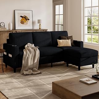 Sectional Couches for Living Room, L Shaped Couch with Storage Ottoman, Small Sofa Corduroy Couch with 2 Cup Holders, Modern 3 Seater Convertible Sofa for Apartment, Office, Black