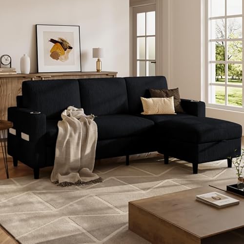 POYISOU Sectional Couches for Living Room, L Shaped Couch with Storage Ottoman, Small Sofa Corduroy Couch with 2 Cup Holders, Modern 3 Seater Convertible Sofa for Apartment, Office, Black