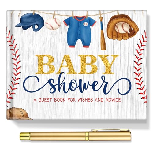 Image of Fuyoooo 27 Pcs Baseball Baby Shower Guest Book Set Baby Shower Sign in Guest a Little Slugger is on the Way Book Place Table Cards with Gold Pen Adhesive Photo Corner for Birthday Party