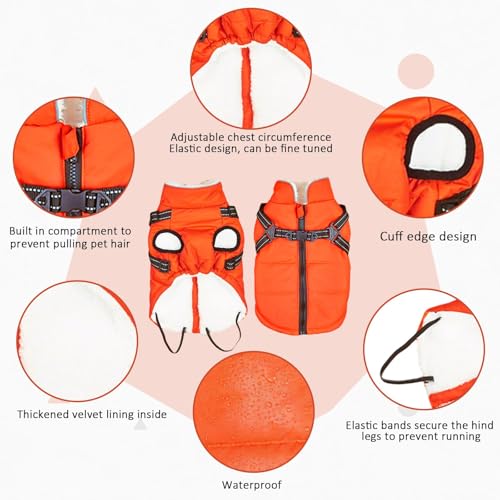 Hundemantel Winter mit Geschirr Einstellbar, ZoneYan Wasserdicht & Warm Hundemantel für Kleine Hunde, Reflektierende Winterjacke, Winddicht Weste für Hund (Orange, XS)