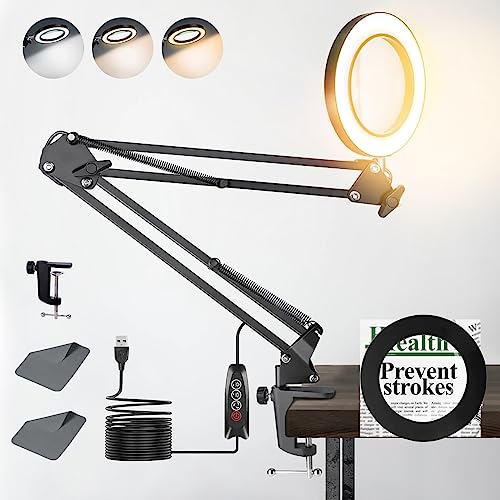 10X Magnifying Glass with Light, 3 Color Modes Stepless Dimmable Lighted Magnifier Clamp Lamp, Adjustable Arm 4.3 Diameter Real Glass Lens LED Magnifying Glasses for Hobbies Reading Work (Black)