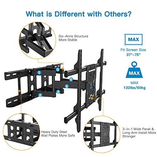 Full Motion Tv Wall Mount Articulating Arms Swivel Tilt Rotation For Most 37-75 Inch Oled, Lcd, Led Flat Curved Tvs, Extension To 24 Inch Wood Stud Up To 132Lbs Max Vesa 600X400Mm By Pipishell #TOP1