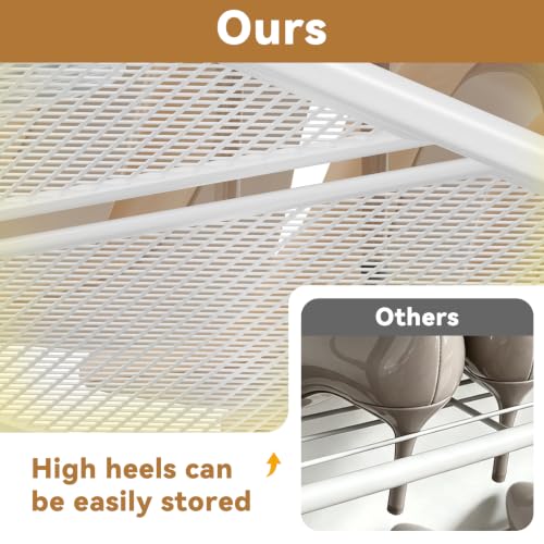 Image of 2 Tier Shoe Storage Rack with Steel Mesh Shelves for Entryway, White | 33 Inch Wide, Sturdy Metal, Stackable & Adjustiable Shelf Height, Easy Assembly