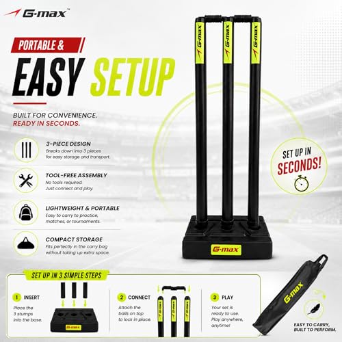 Image of G-Max Cricket Wicket Set - 30 Inch Plastic Stumps with Stand & Bails | Durable Cricket Wickets for Ground, Match, Tournament, Practice | Standard Size Cricket Kit for All Ages (Black)
