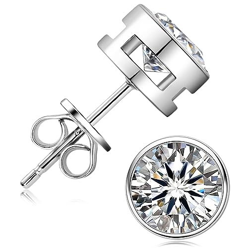 Moissanite Stud Earrings, 0.5CT-2CT D Color VVS1 Brilliant Round Cut 925 Sterling Silver Bezel Earrings for Women or Men