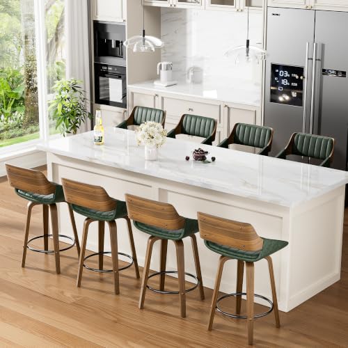 Image of YaFiti Bar Stools Set of 8, 26 inch Swivel Counter Height Barstools with Bentwood Back and Legs, Mid Century Modern Upholstered Faux Leather Counter Stools for Kitchen Island, Dining Room, Green
