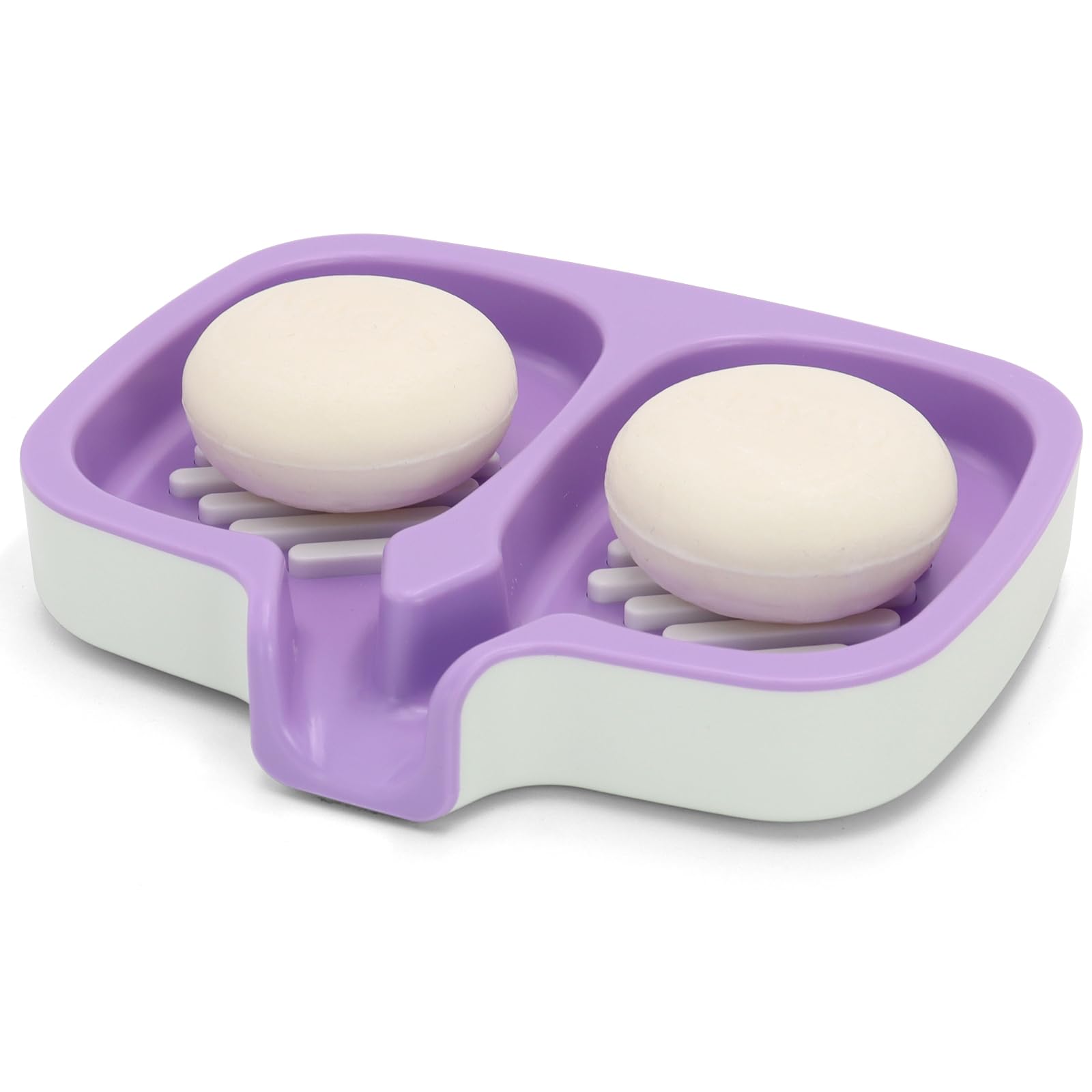 Dual Compartment Soap Holder, Self Draining Soap Dish, Fast Drainage, Shampoo Bar Holder, Soap Bar Holder for Bathroom, Kitchen Sink (Purple & White)