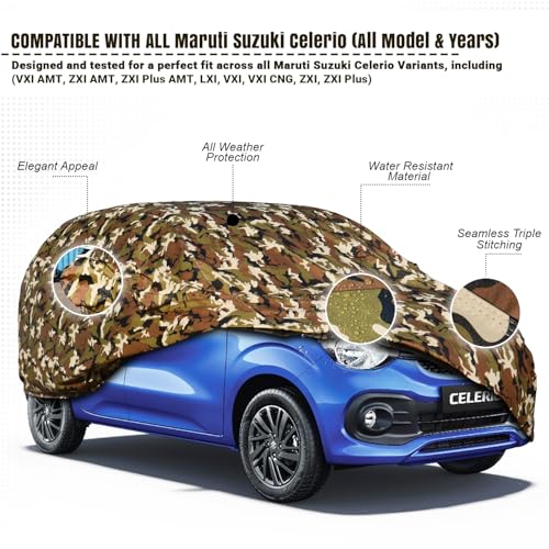 Image of Pivalo Car Body Cover for Maruti Celerio All Model & Years (2014-2024) 100% Waterproof with Mirror Pockets, Triple Stitched Dustproof Heat Resistant UV Protection (Military /Jungle /Camouflage)