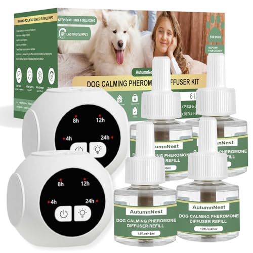 Image of Dog Calming Pheromone Diffuser Kit with Timer - 2 Plug-Ins + 4 Refills - Smart 4-Level Timing Calming Aid - Stress Relief for Dogs - Help with Anxiety, Barking, Fighting, Thunder, Travel, Vet Visits