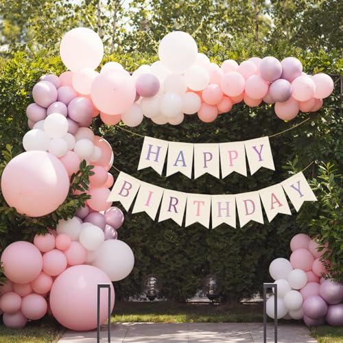 Image of Doumeny Happy Birthday Burlap Banner Boho Birthday Garland Bunting Purple Pink Bohemian Party Hanging Banner White Happy Birthday Sign Flag Colorful Birthdays Bunting Garland for Home Mantel Fireplace