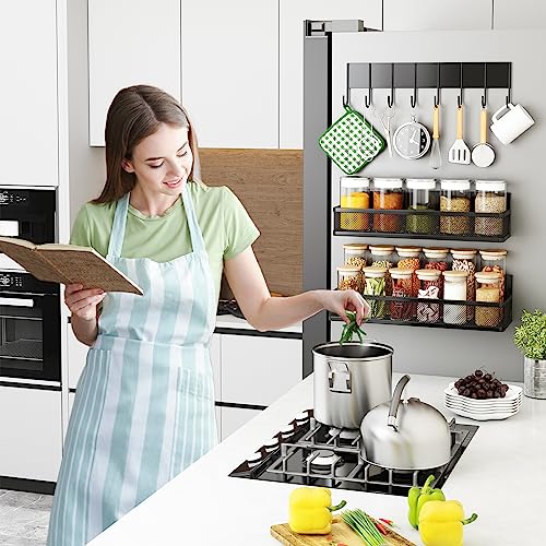 Image of Aufworld Magnetic Spice Rack for Refrigerator, 3 Pack Magnetic Shelf, Moveable Fridge Organizer with 8-Hook Rack, Seasoning Organizer for Kitchen