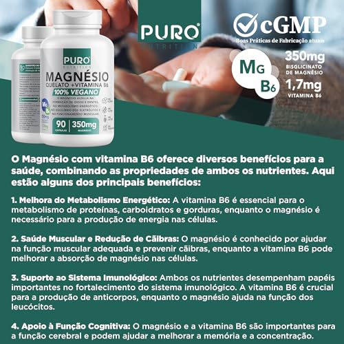 Magnésio Puro Nutrition, Quelato, Bisglicinato + Vitamina B6, 350mg Magnésio por Porção, 90 Cápsulas