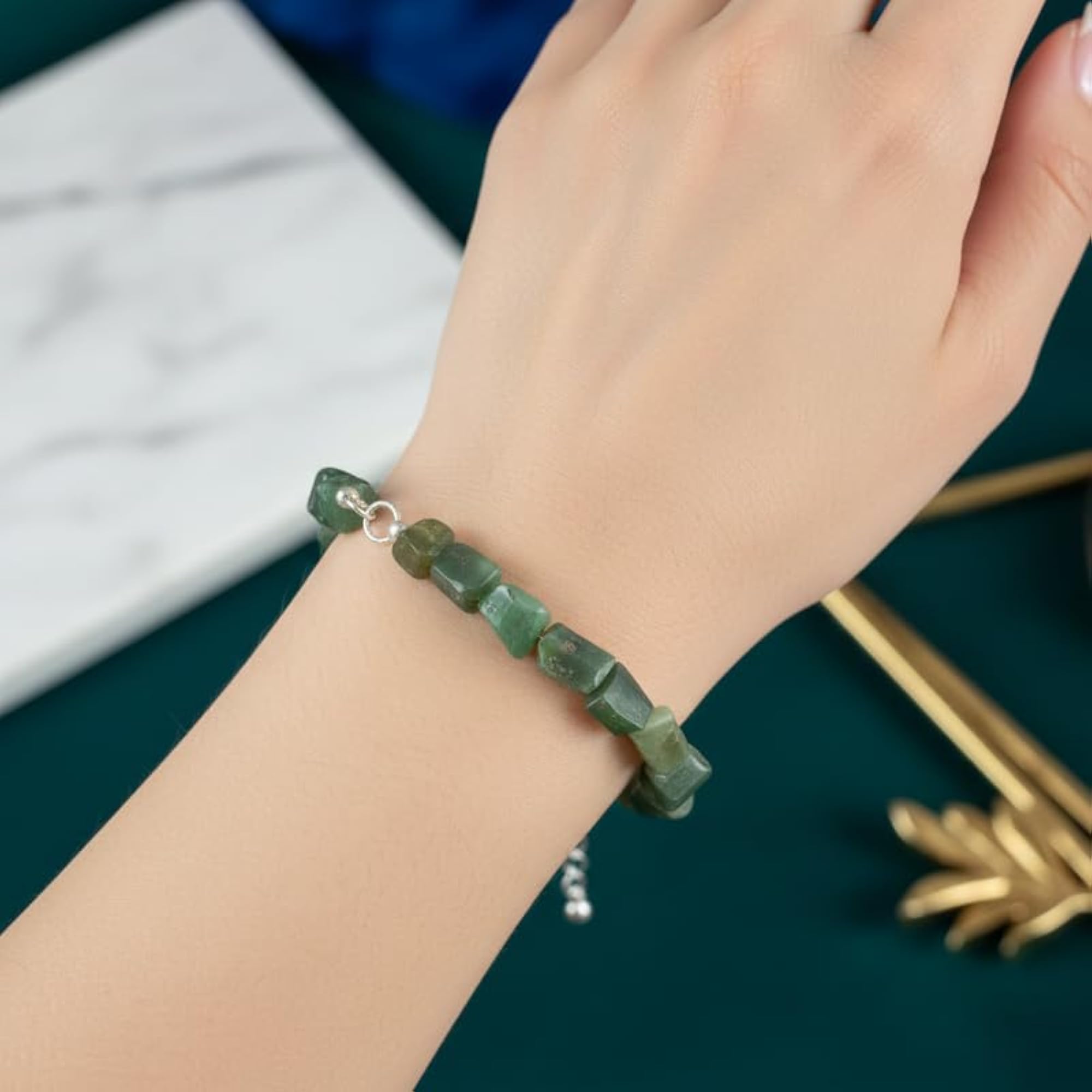 Natural Emerald Gemstone Link Bracelet, Handmade Stacking