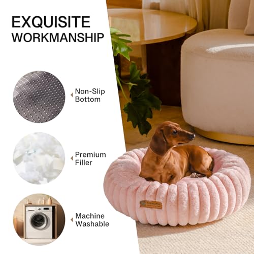 MEWOOFUN Hunde-Donut-Betten für kleine Hunde, beruhigendes Hundebett, rundes süßes Welpenbett mit Rutschfester Unterseite, Flauschiges (Rosa, 64x64x18cm)