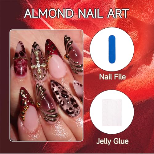 Bubaxuce 24 Stück Französische Spitze Mittlere Mandel Press On Nägel Cat's Eye Acrylnägel Press On Nagel Tipps Set 3D Glänzende Kreuzanhänger Ombre Falsche Nägel