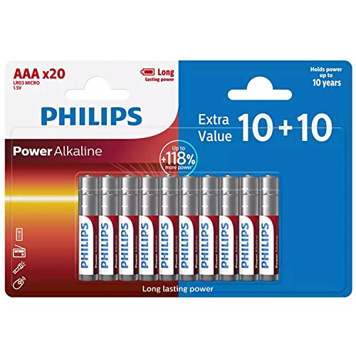 PHILIPS Batterie AAA - LR03/1.5V - Batterie Alcaline - 20 Pezzi - Pacco Batterie