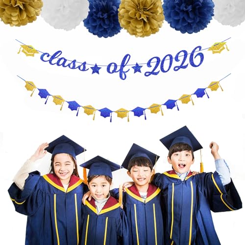 Image of Navy-Blue White-Gold Party-Decorations Graduation Banner - 8pcs Kits Class of 2026 Cap Garland Streamers, Paper Tissue Pom Poms Flowers, Congratulations Grad Decor Lasting Surprise