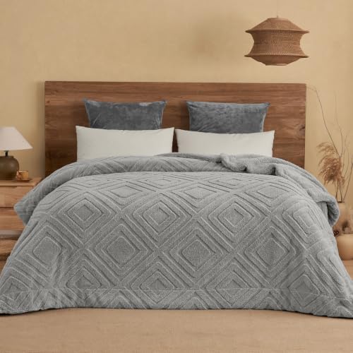 PHF Soft Sherpa Fleece Blanket Queen, Tufted Jacquard, 02-Grey