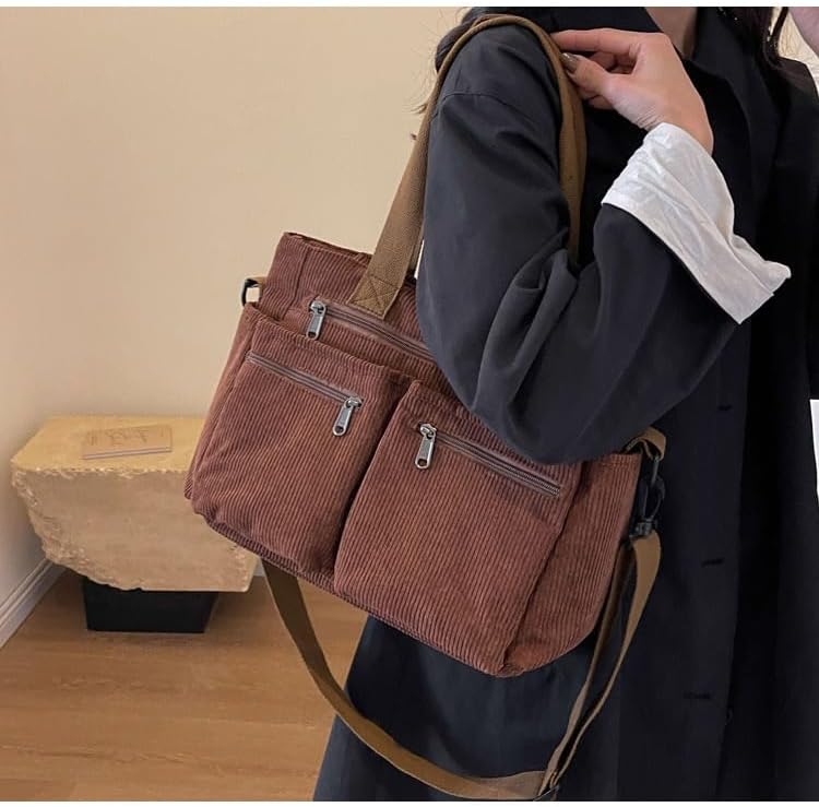 Corduroy Tote Bag for Women with Multiple Pockets Everyday Shoulder Bag Crossbody Bag for Work Travel Cute Handbag Purse - Image 4