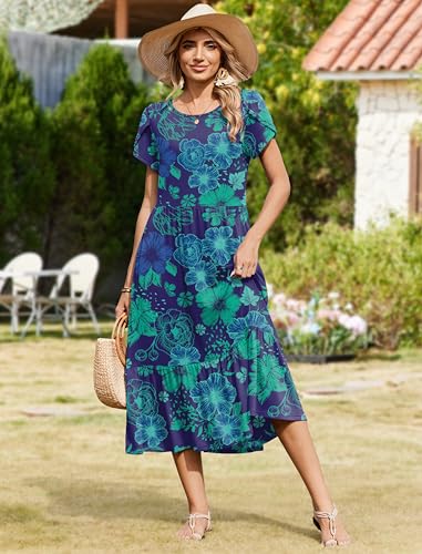 Image of Zeagoo Women Summer Midi A Line Dress Short Sleeve Casual Flowy Tiered Beach Long Sundress with Pockets 2026 Vacation Travel
