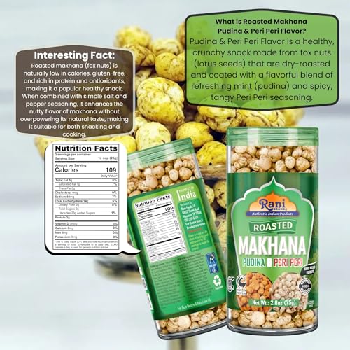 Image of Rani Roasted Makhana (Fox Nut /Popped Lotus Seed) 2in1 Pudina & Peri Peri 2.6oz (75g) Ready to eat, Hand Picked Foxnuts ~ High in Protein | Vegan | Gluten Friendly | NON-GMO | Kosher | Indian Origin