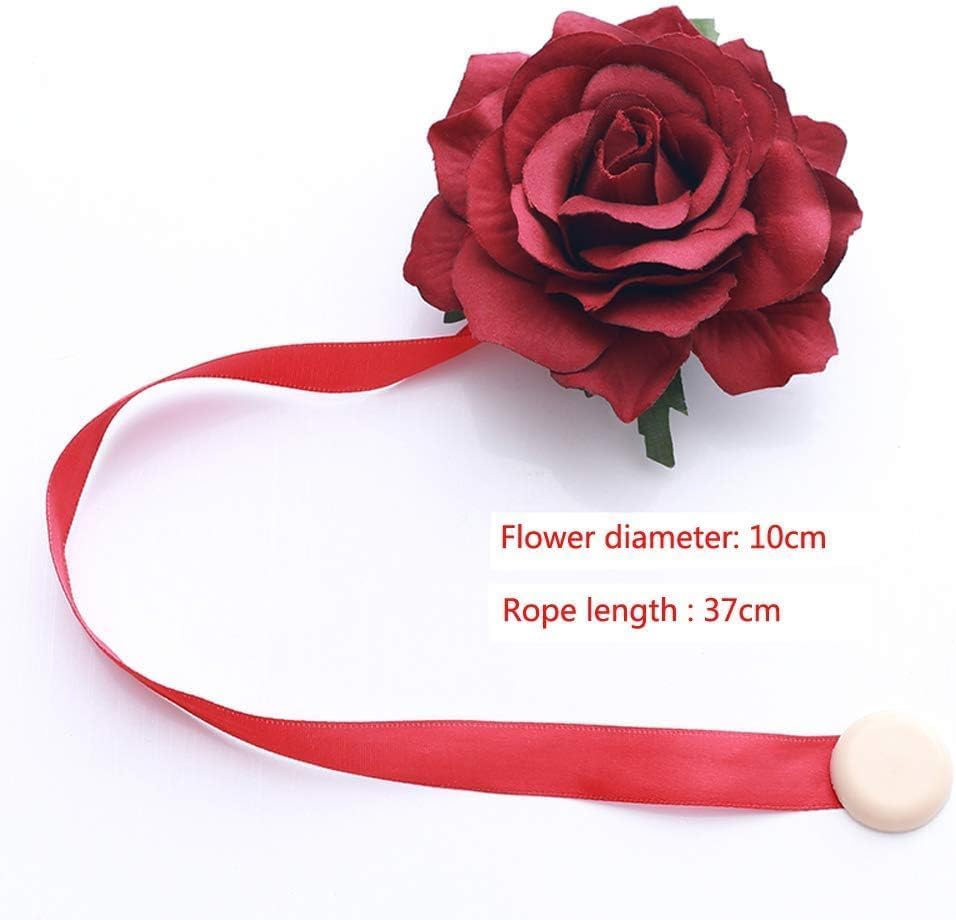 4 Pack Magnetic Curtain Tiebacks, Rose Flower Tie Backs Rope for Curtains, Elegant Decorative Holdbacks Holders, Home Decor Thin or Sheer Window Drapries Bed Canopy, Wine