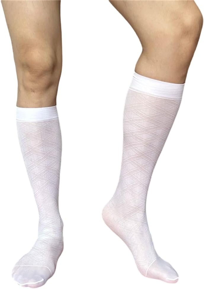 Men's Thin Sheer Nylon Dress Socks Elegant Argyle Pattern Middle Calf Socks for Business Suit and Formal