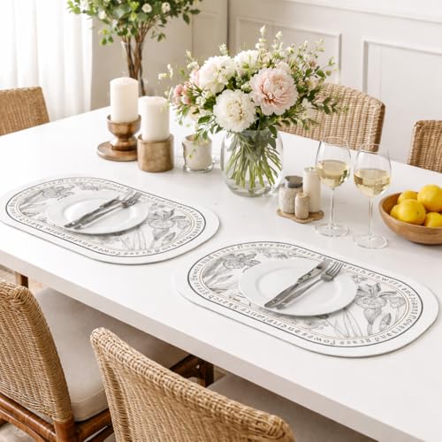 Image of Yelona White Oval Leather Placemats | Elegant Floral Design, Waterproof Stain Resistant | Easy Clean Faux Leather Table Mats (Graceful Blooms, Pack of 2)