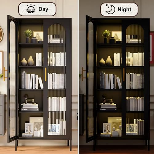 Image of 71 inch Tall Glass Cabinet, Display Case with Glass Doors and Lights, Metal Storage Cabinets, Hutch Cabinet with Adjustable Shelves, Storage Cabinets for Dining Room, Living Room,Kitchen, Black
