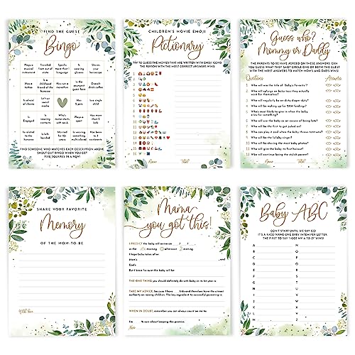 Greenery Baby Shower Games for 50 Guests, 6 Games Double-Sided Cards, Gender Neutral for Boys or Girls