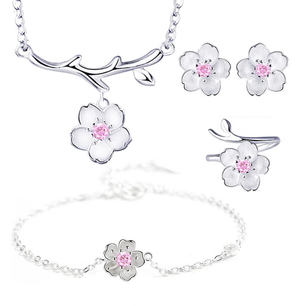 Collar de flores de cerezo conjuntos de joyas de mujer con aretes y anillo ajustable 2