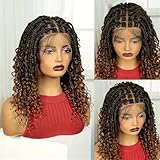 16' Short Knotless Box Braided Wig With Curly Ends - Full Lace 180% Density Low-Temperature Synthetic Hair,Elegant Fluffy Goddess Wig For Parties Parties And Festivals Party (Dark brown)