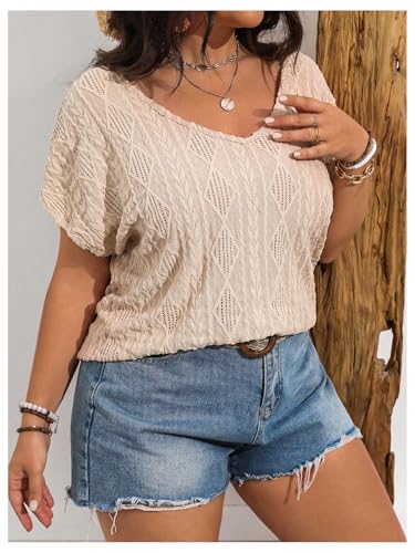OYOANGLE Women's Plus Size Short Sleeve Blouse Boho Crochet Lace V Neck Summer Tee Tops3